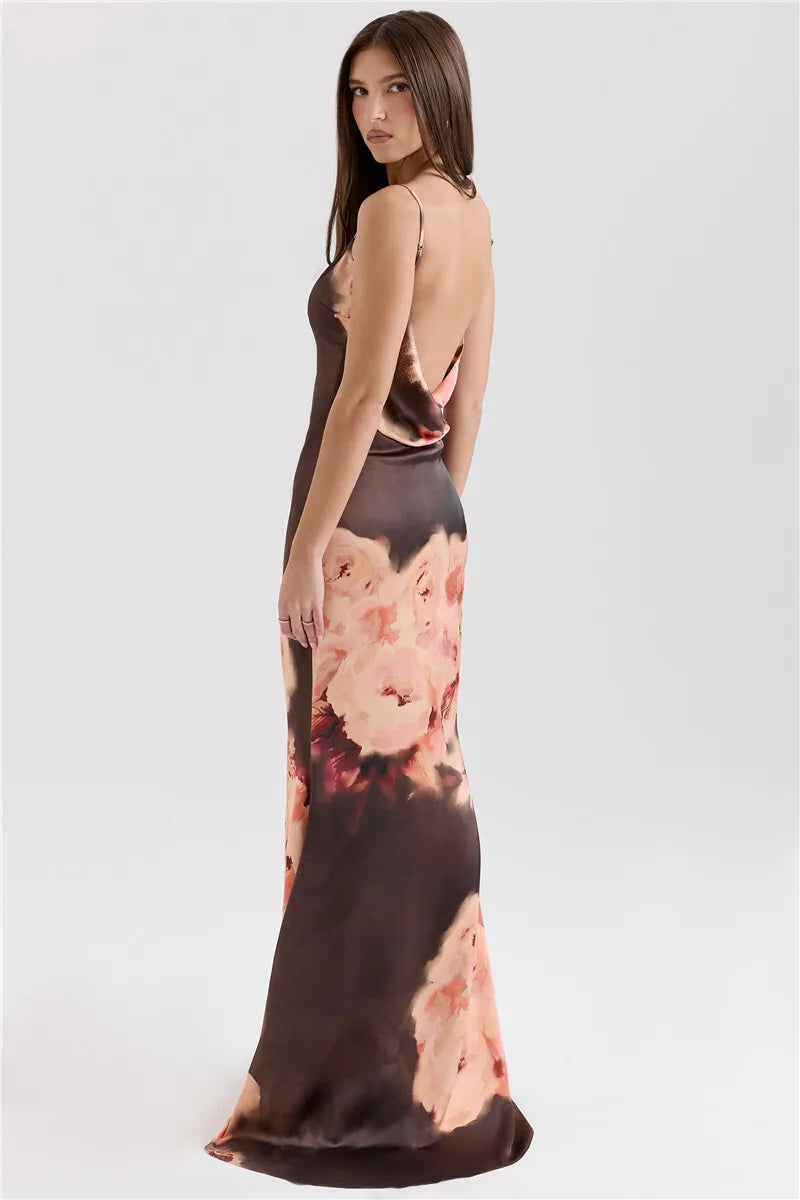 Satin Floral Print Maxi Dress Women