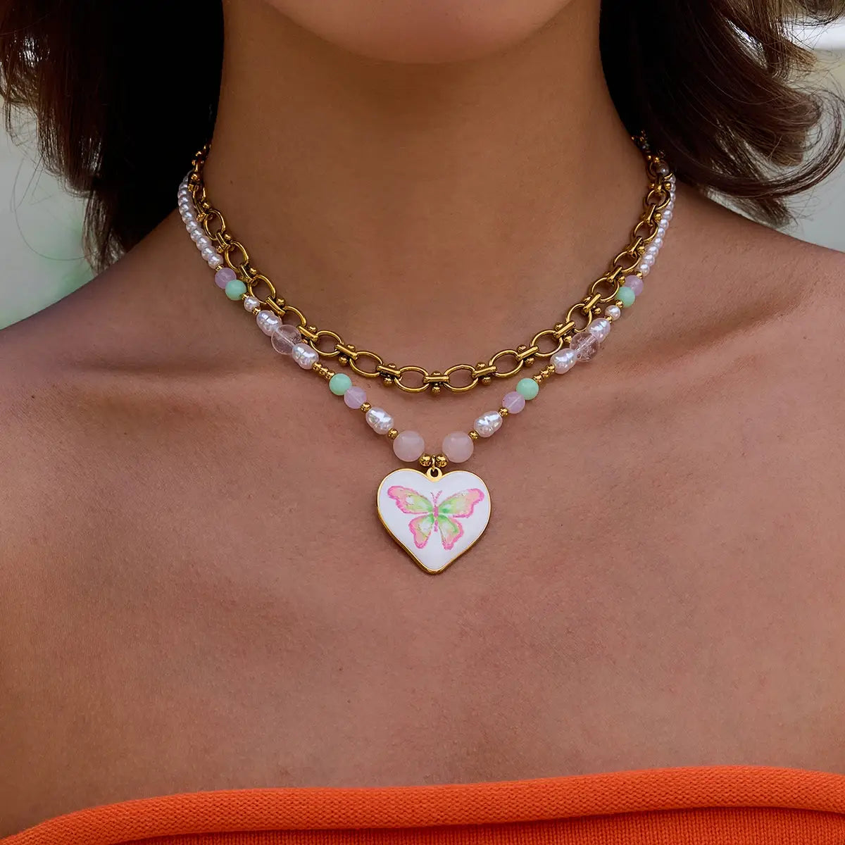 Stainless Steel Drop Oil Butterfly Print Pendant Necklace