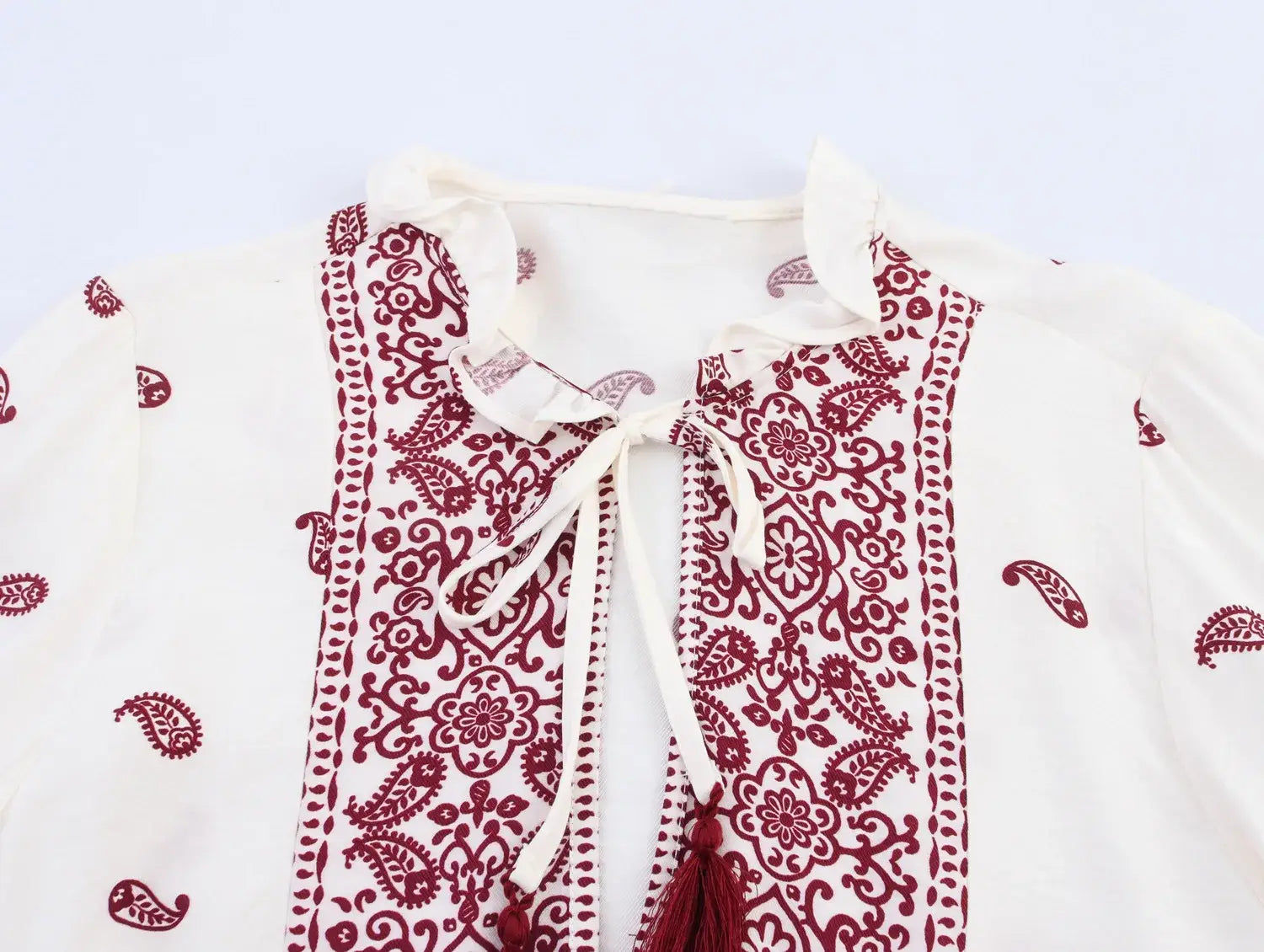 Women’s Printed Tassel Shirt Hollow Loose Stand-up Collar Lantern Sleeve Top