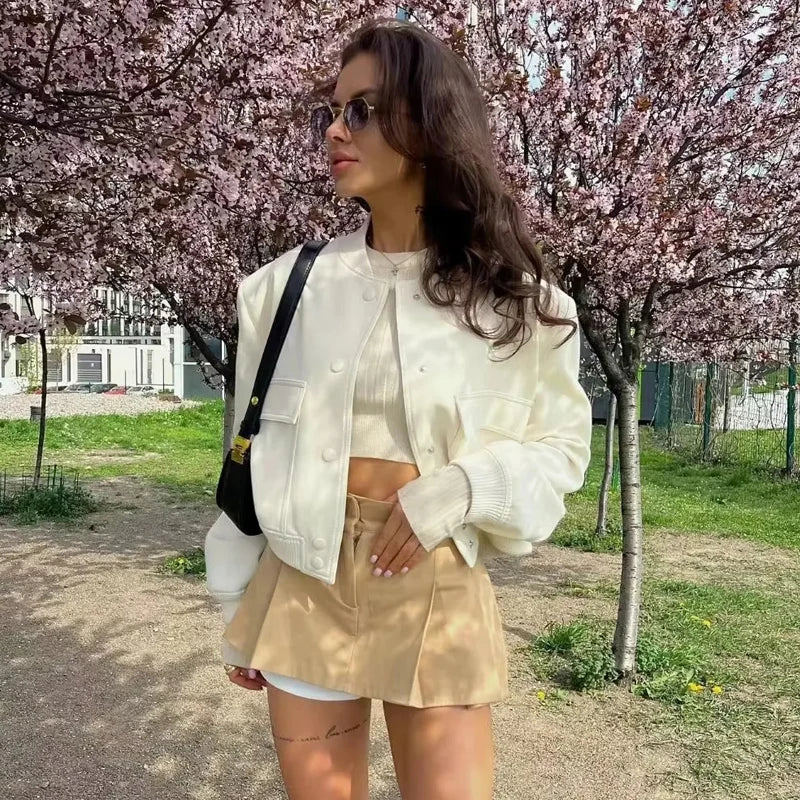Woman Bomber Jacket Coat White Button Baseball - Norellé