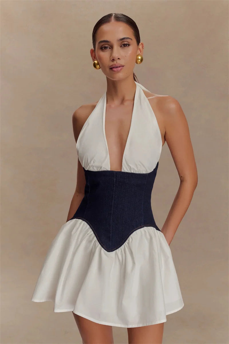 Patchwork Denim Backless Mini Dress Women