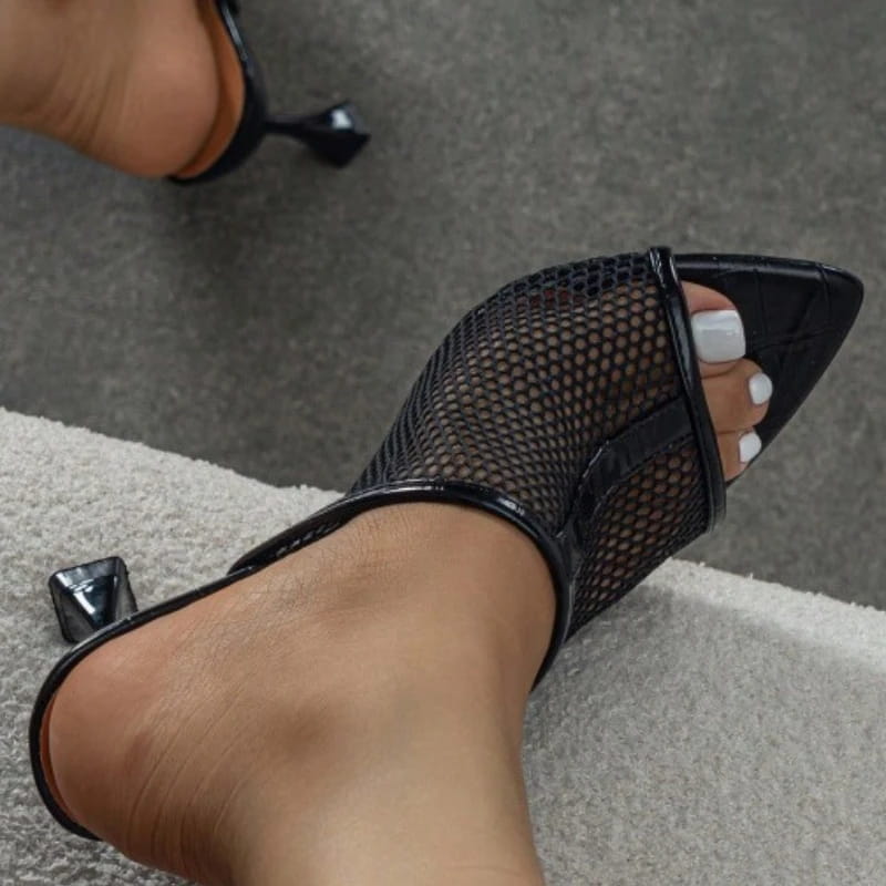 Mesh Design Women Sandals Open Toe Thin Heel Pointed Slide
