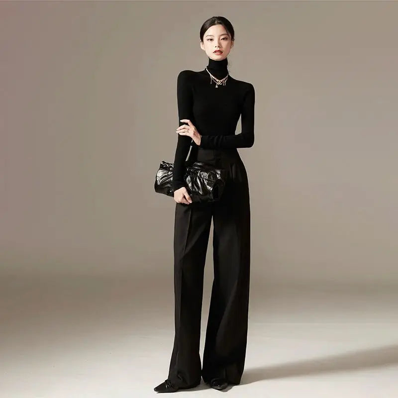 High Waist Wide Leg Pants Draping Effect Tight Long