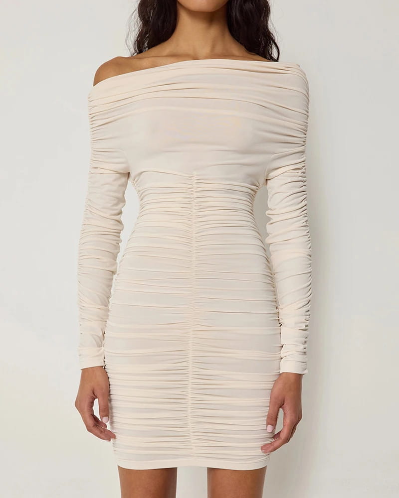 Inclined Shoulder Long Sleeve Mini Dress For Women