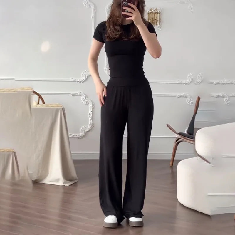 Casual Long Pants Suits Women O-neck Short Sleeve T-shirt Elastic Waist Trousers Set