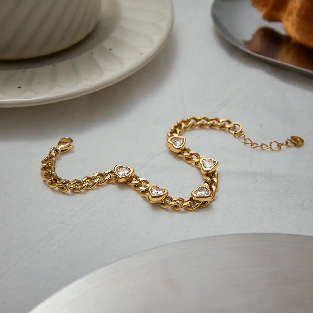 Pink Square Zircon Bracelet Stainless Steel Lock Chain Stackable