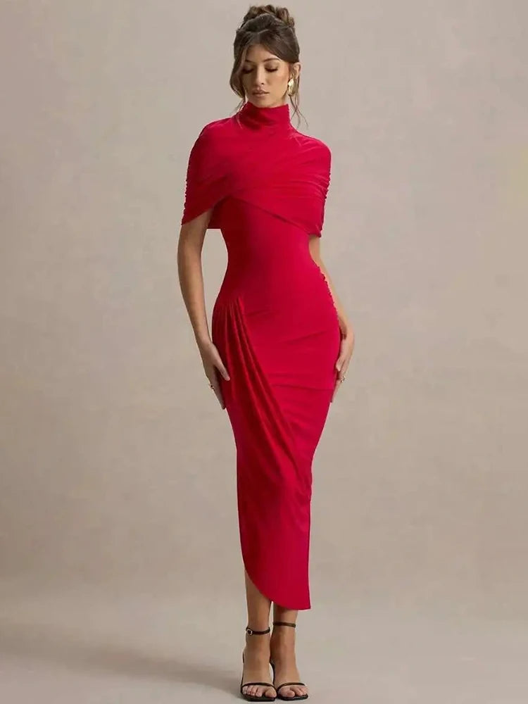 Backless Ruched Half Sleeve Maxi Dress Women Turtleneck Slim - Norellé