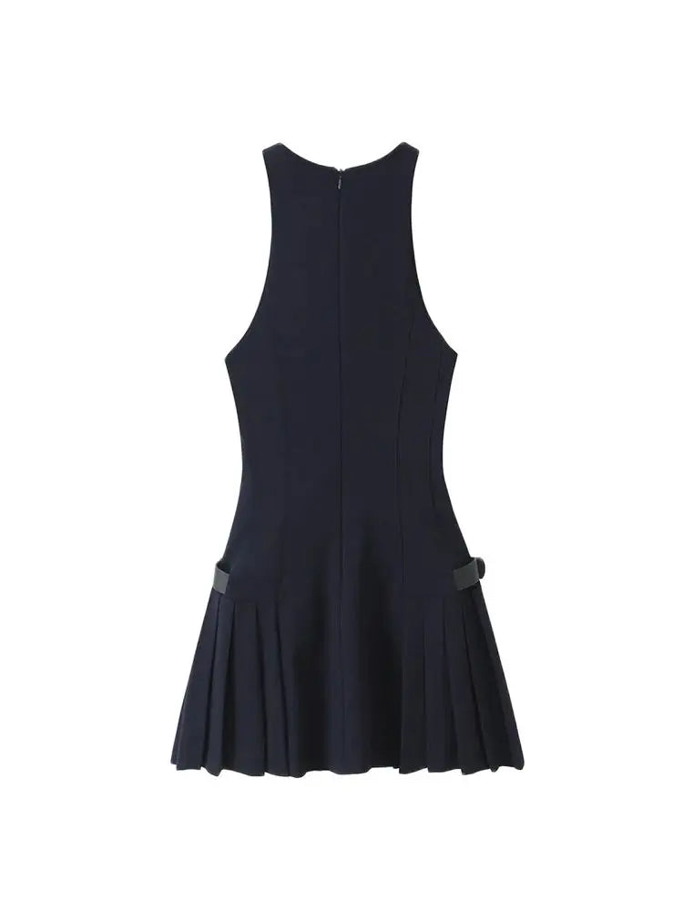 Pleated Mini Dress with Side Loops for Women, Halter Neck, Back - Norellé