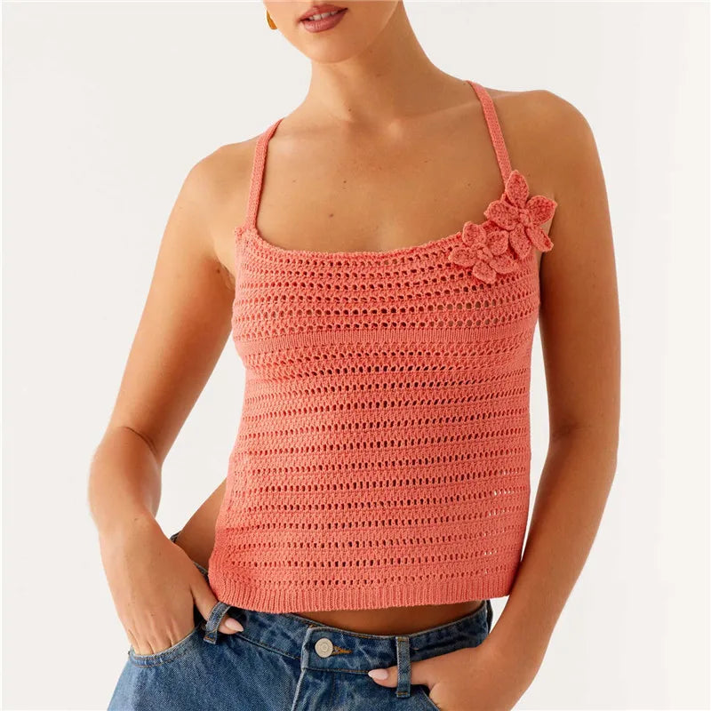 Women Crochet Halter Top Backless