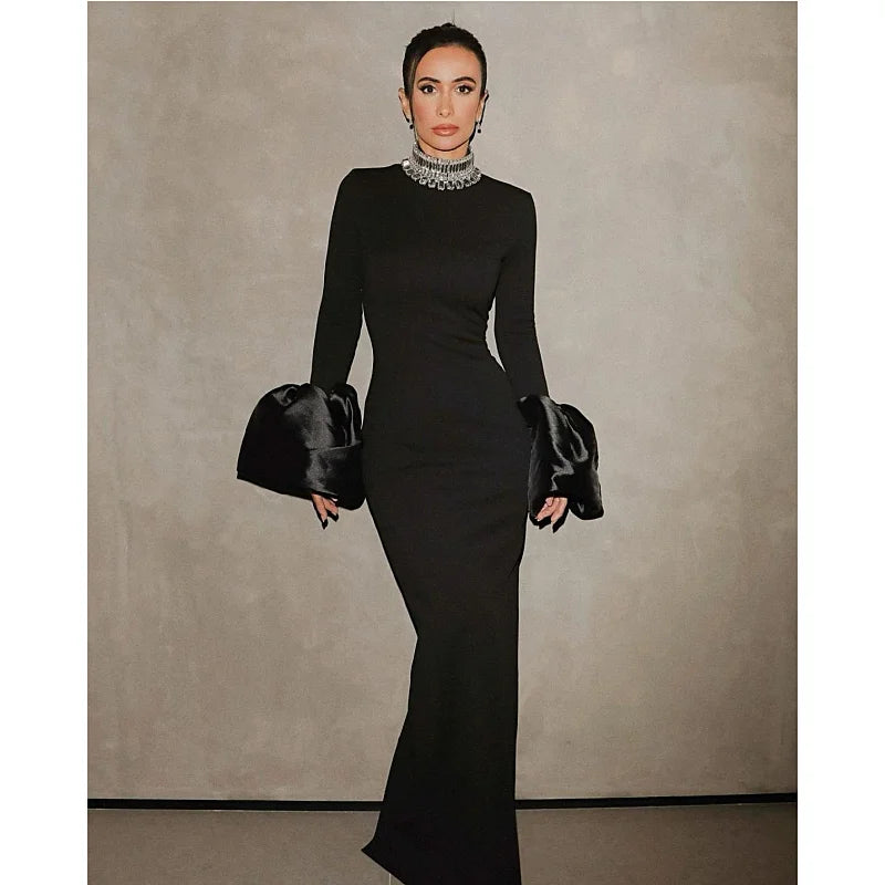 Shining Diamonds Neck Flare Sleeve Black Long Bandage Dress - Norellé