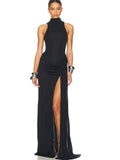 High Slit Turtleneck Women Maxi Dress White Sleeveless High Waist Dress - Norellé