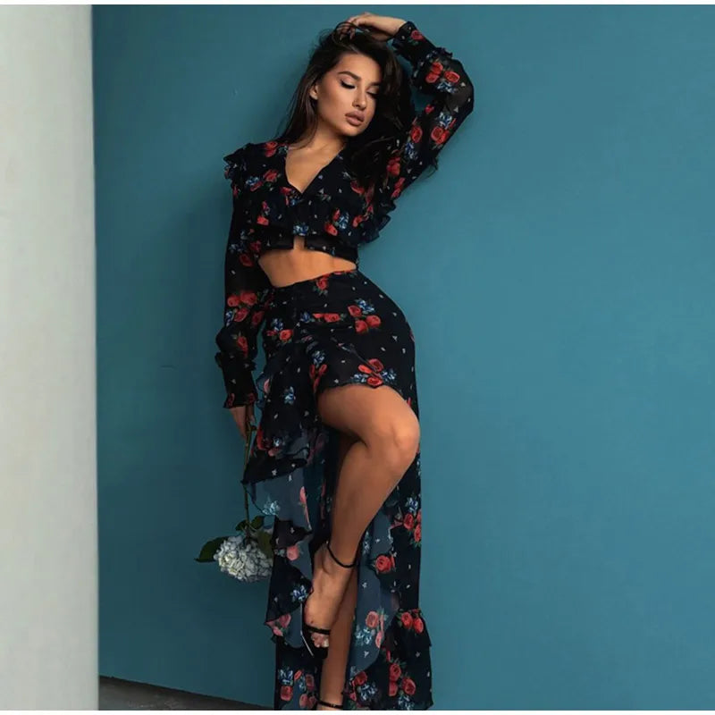 Printed Shirt Ruffles Split Skirt Sets Women