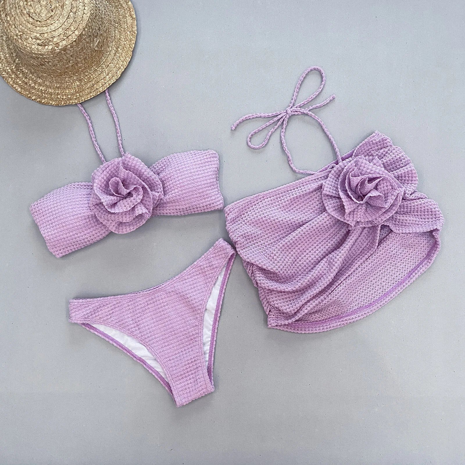 Flowers Three Pieces Bikini Set Swimsuit For Women - Norellé