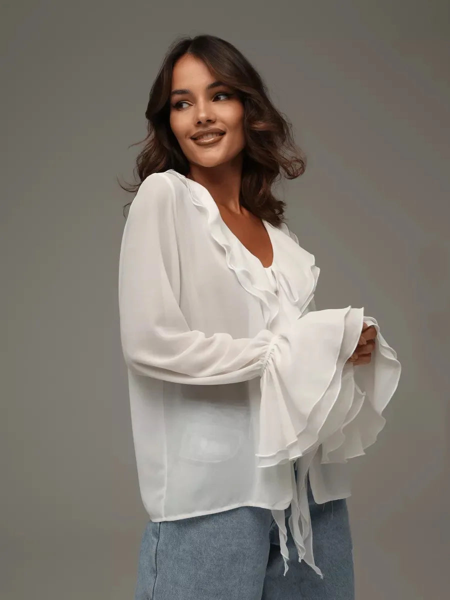 Elegant White Chiffon Ruffle Shirt Women