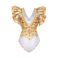 Ruffle V Neck  Golden Print One Piece Swimsuit and Shorts Women Beachwear Bathing Suit - Norellé