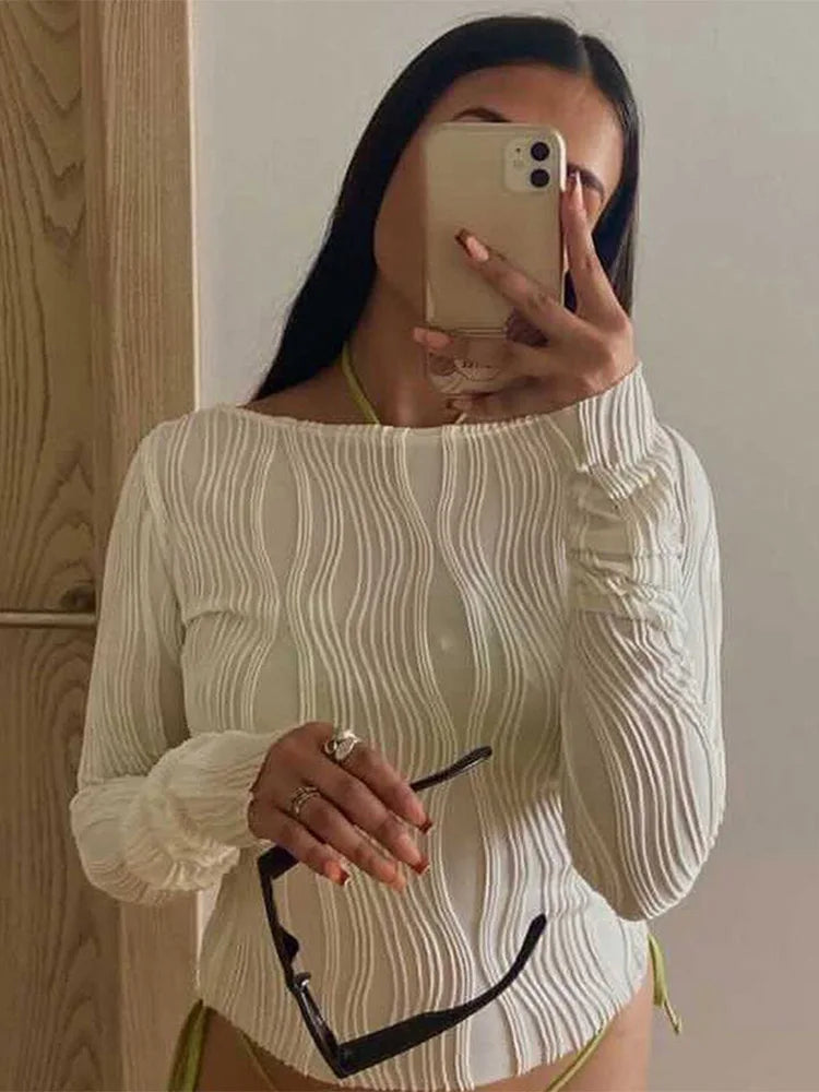 Casual Ruched Long Sleeve T-shirt Blouses Female White - Norellé