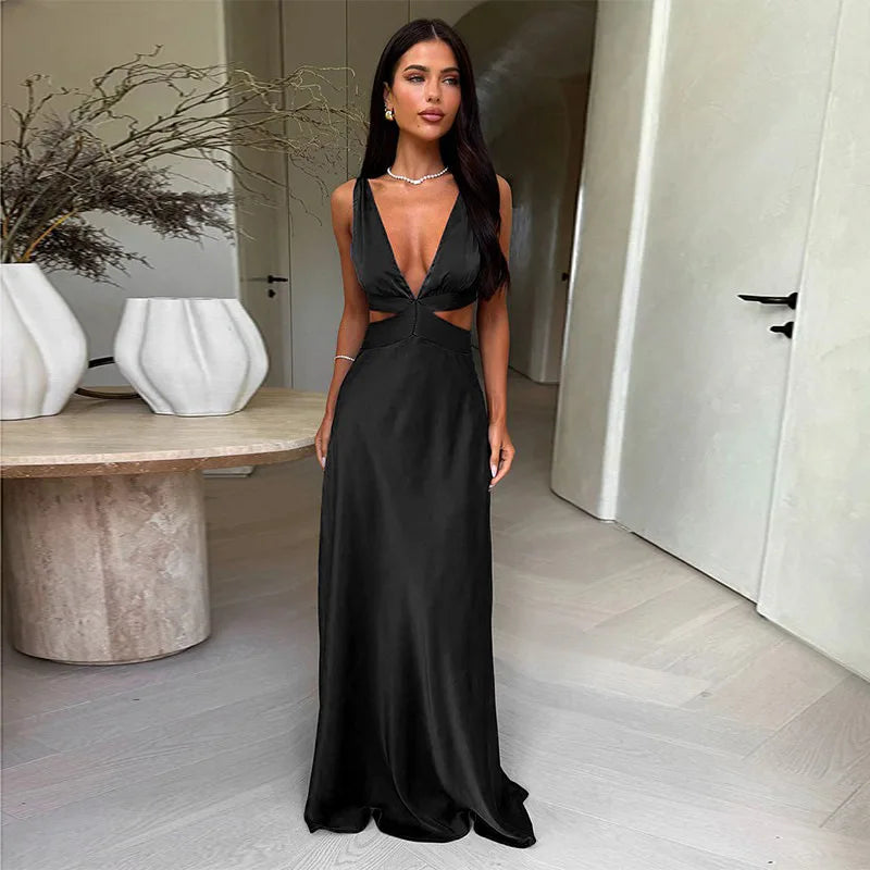 Deep V neck Hollow Long Dress