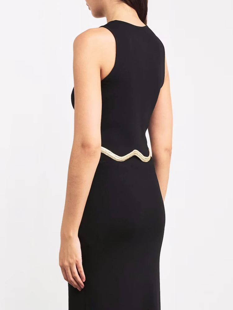Elegant Gold Wave Ruffled Sleeveless Women Skirt Two Piece Set