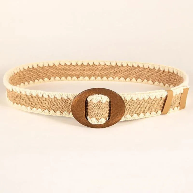 Patchwork Round Wood Buckle Women Belt