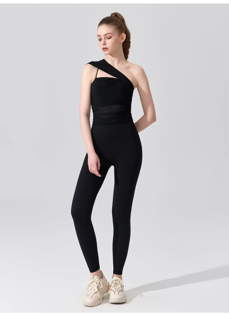 Sleeveless Slimming Top Single Shoulder Straps Women Yoga Mesh Tank