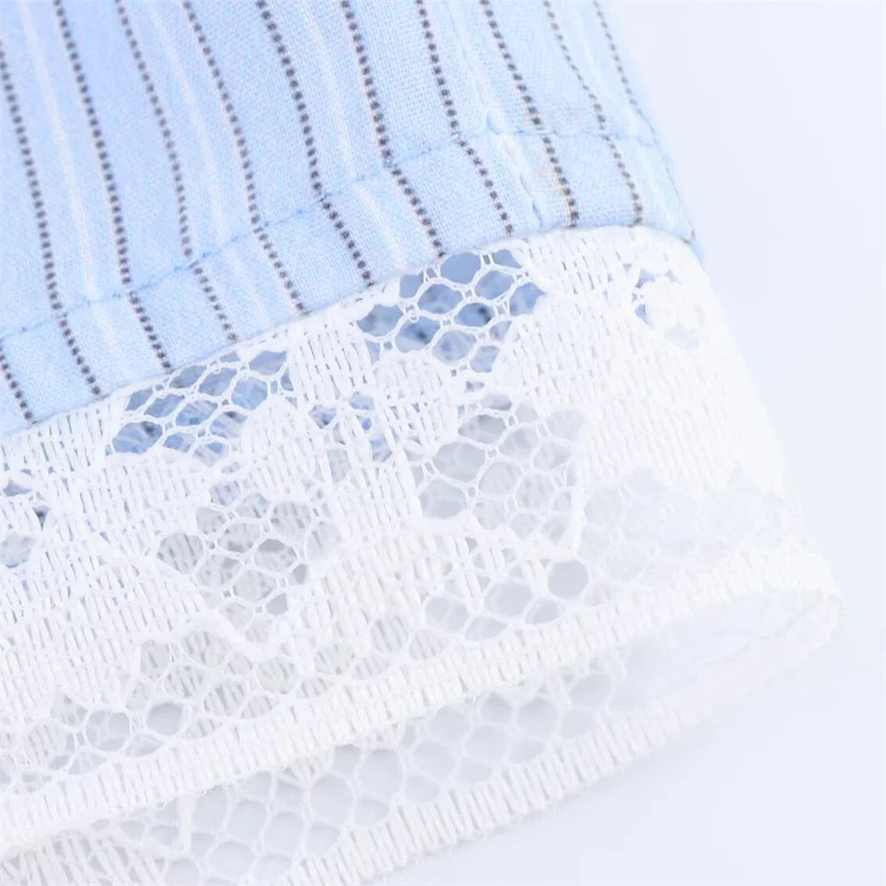 Women’s Lace Detail Striped Short Shirt Fluffy Mid Waist Skirt Pants Set