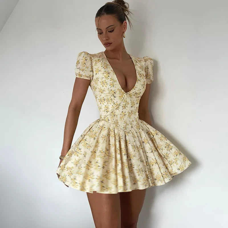 Elegant Puff Sleeve Corset Floral V Neck Mini Dress - Norellé