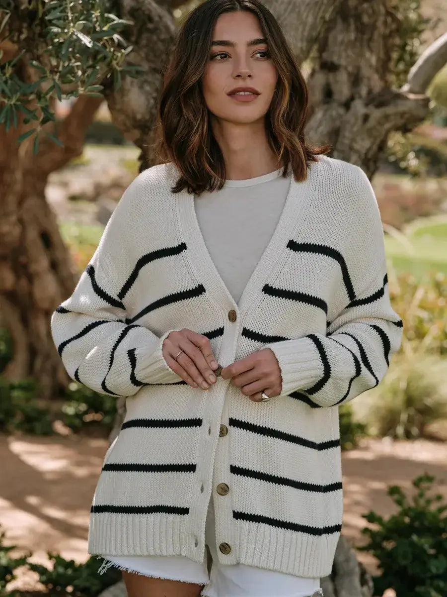 Women’s Striped Knit Cardigan V Neck Cotton Loose Fit