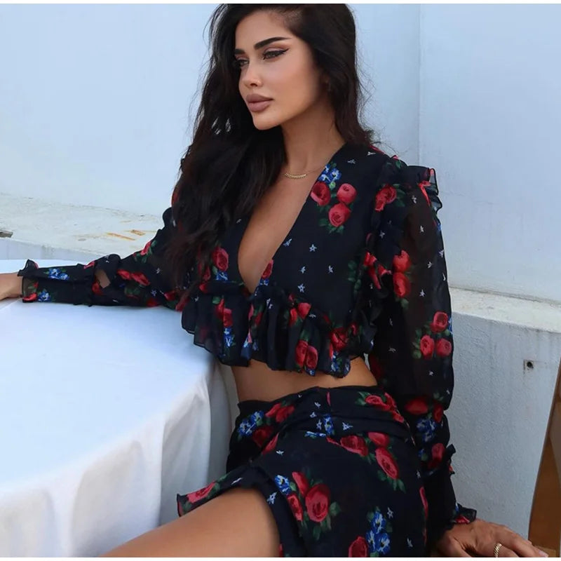 Printed Shirt Ruffles Split Skirt Sets Women