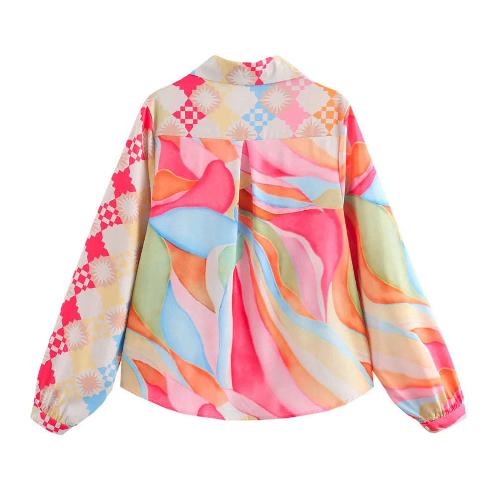 Women's Printed Polo Collar Long sleeved Shirt Casual Straight Leg Pants Set