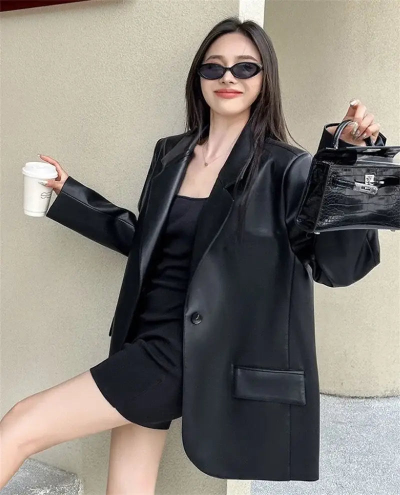Women Black Soft PU Leather Blazer