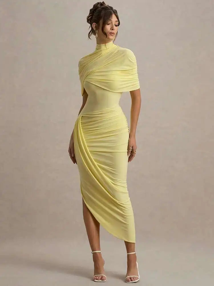 Backless Ruched Half Sleeve Maxi Dress Women Turtleneck Slim - Norellé
