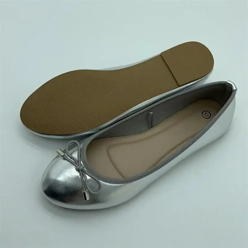 Gold Silver Elegant Bowknot Round Toe Women’s Flat