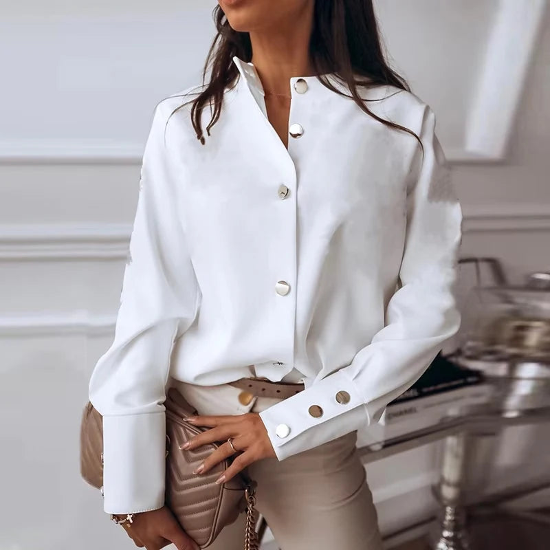 White Shirt Casual Stand Collar Long Sleeve