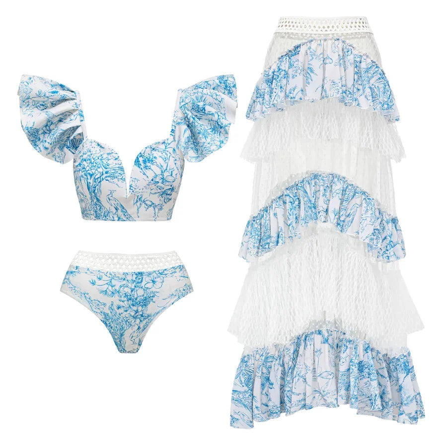 Print Net Yarn Splicing Bikini Swimsuit and Tiered Skirt - Norellé