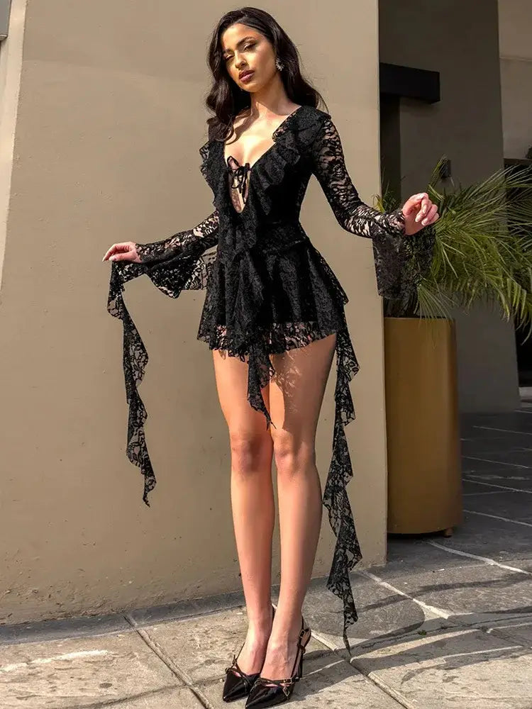 Lace Ruffled Streamer Dress For Women