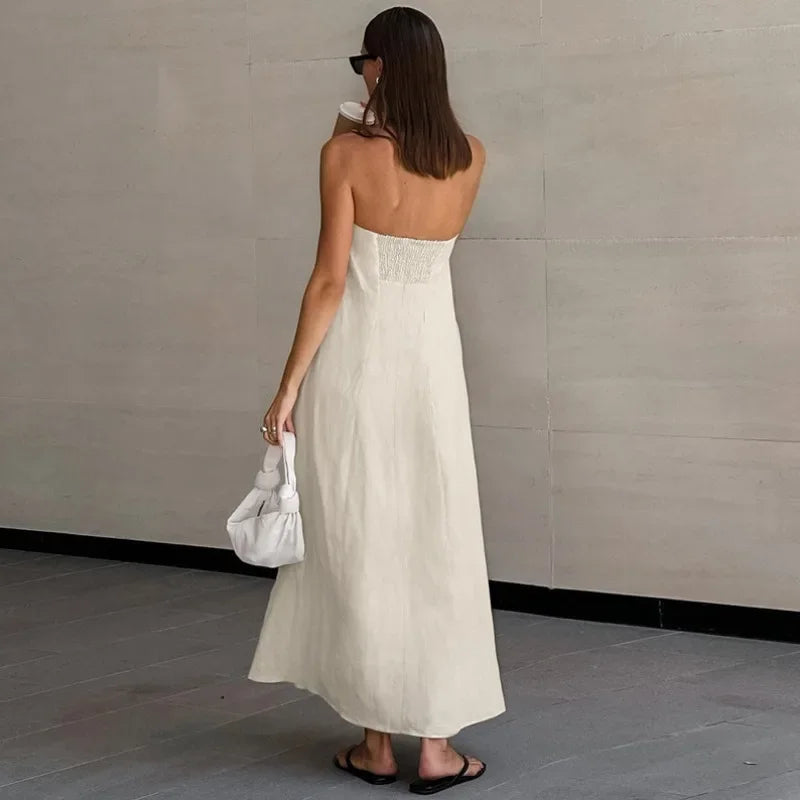French Khaki Cotton Linen Strapless  High Waisted Dress - Norellé
