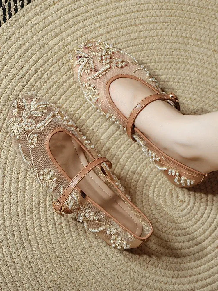 White Pearl Decoration Mesh Embroidery Ballet Flats