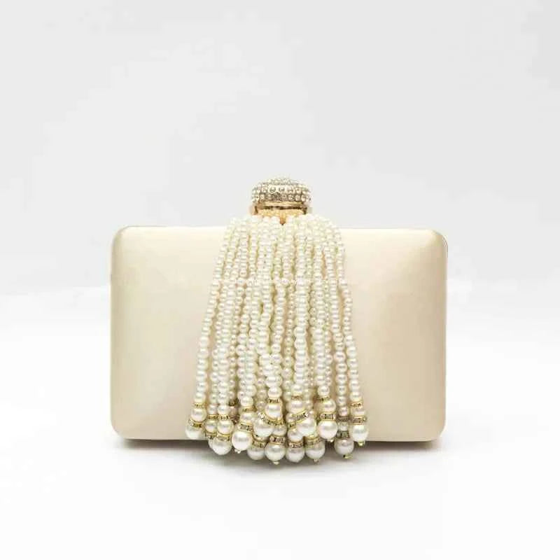 Women Pearl Tassel Satin Evening Bag