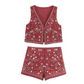 Women's Casual Embroidered Sleeveless V-neck Short Vest Top + High Waist Shorts