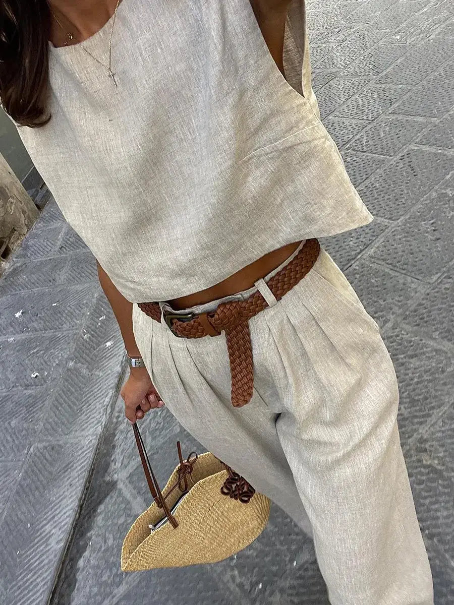 Cotton Linen Vest Pants Set Women