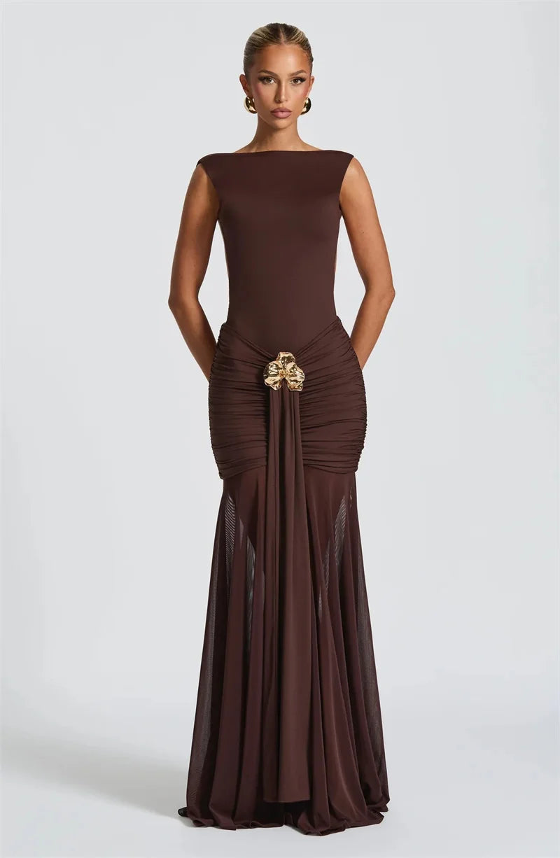 Metal Flower Backless Ruched Maxi Dress Women