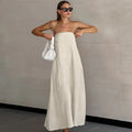 French Khaki Cotton Linen Strapless  High Waisted Dress - Norellé