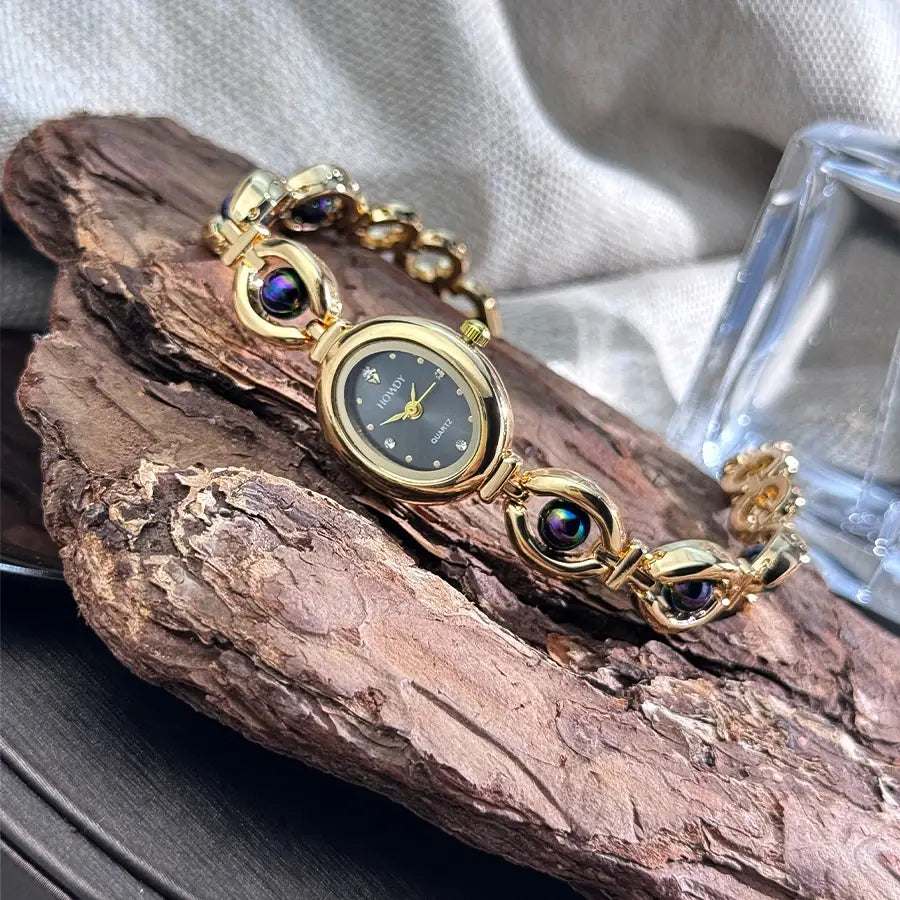 Ladies’ Oval Sun Print Rhinestone Dial Elegant Lady Quartz Watch