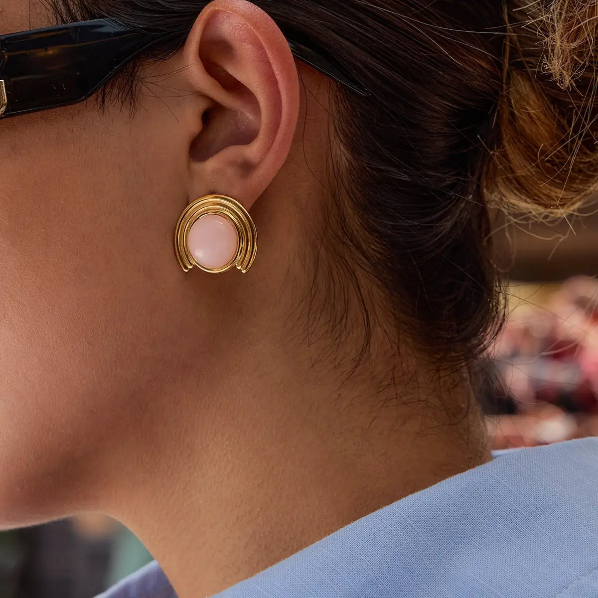 Pink Natural Stone Ribbed Earrings Stainless Steel