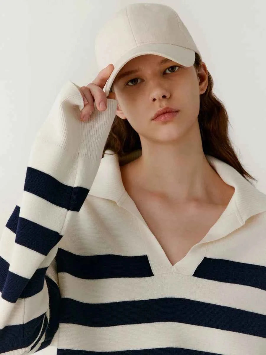 Loose Navy Collar Striped Cashmere Sweater