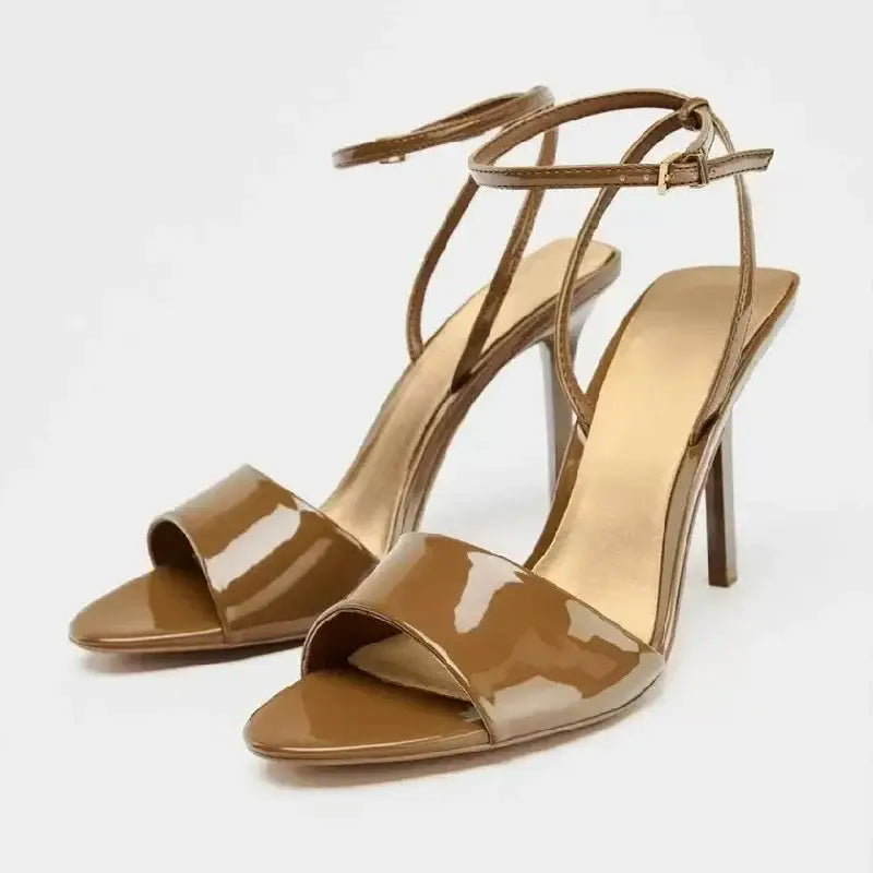 Brown Patent Leather Heeled Sandal Women