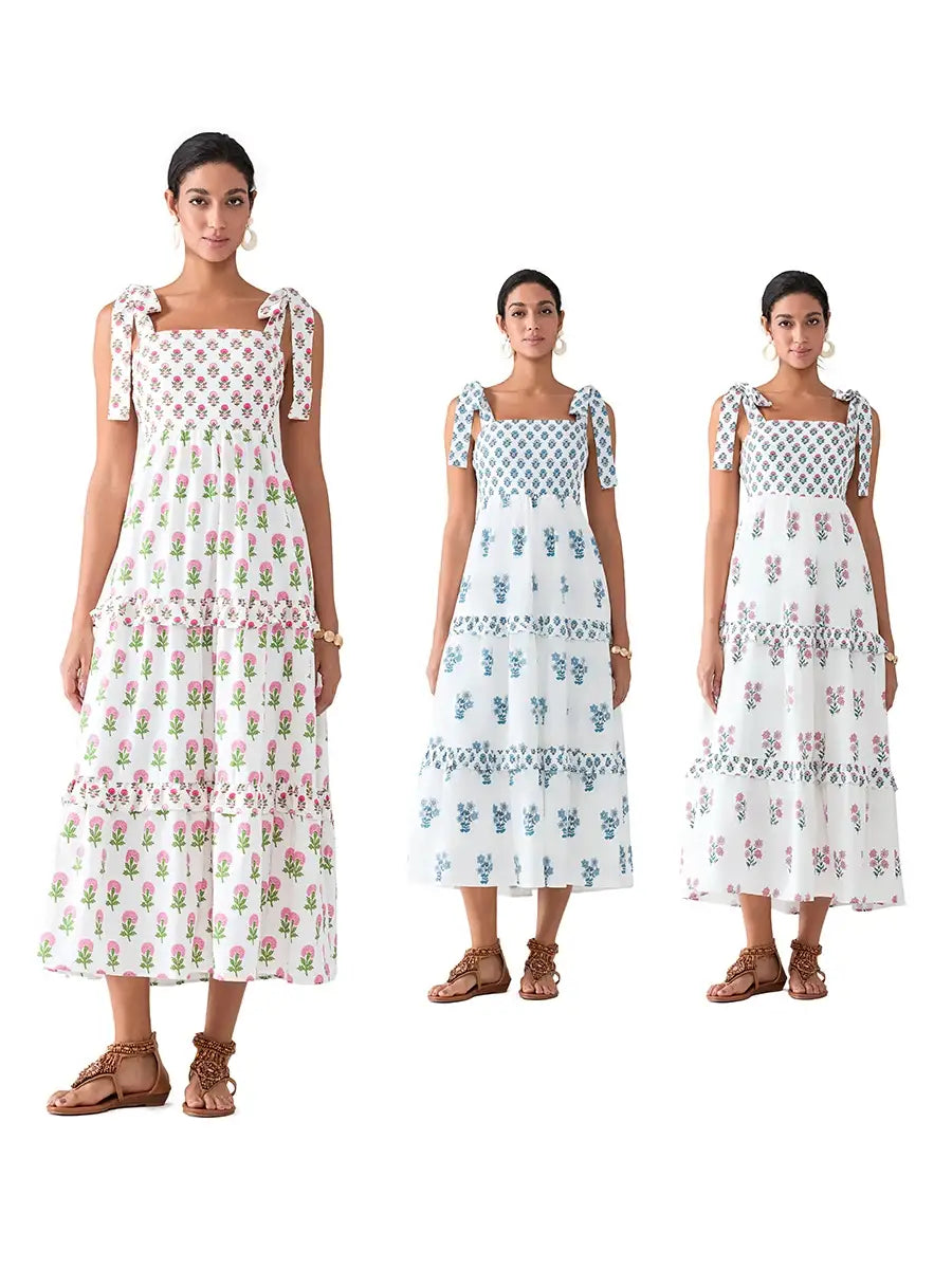 Flower Print Tie Strap Swing Dress Women A-Line Square Neck