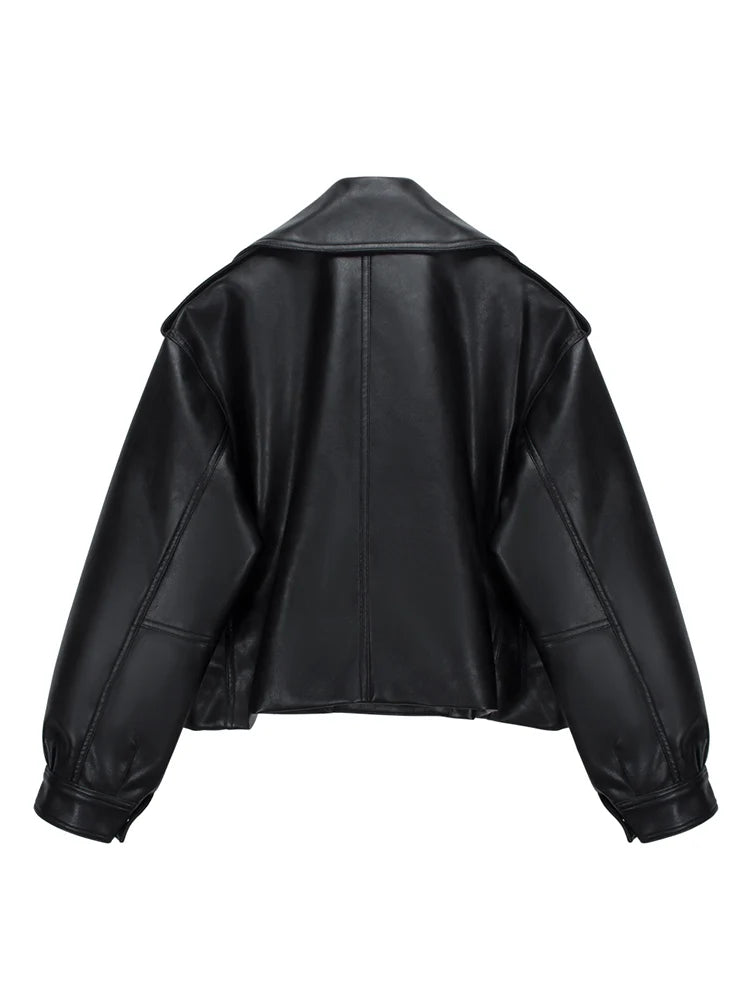 High Street Women Lapel Loose Pu Faux Leather Short Jacket