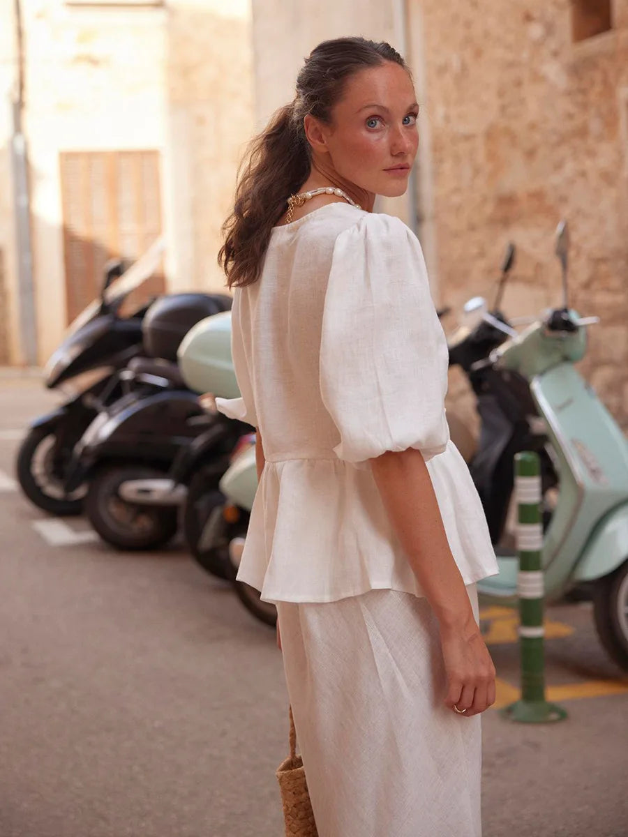 100% Cotton V-neck Lace Up Short Sleeved Skirt Set