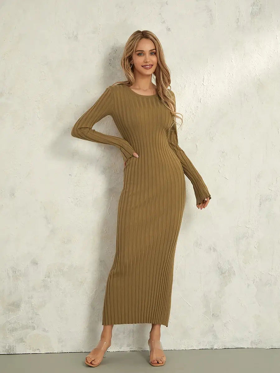 Women Lace-up Knit Dress Elegant Long Sleeve